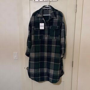 Green & Gray Plaid Button Front Shacket